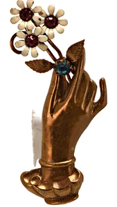 RARO MCM Figura de Mano Broche Pin Sostiene Estrás Azul y Rojo Flores De Colección Coro - Imagen 1 de 3