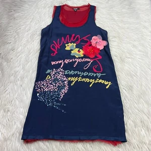DKNY Women's 2 Tunic Shift Dress Navy Red Floral Graphic Sequins Sleeveless Silk - Picture 1 of 8