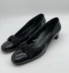 Salvatore Ferragamo leather ballet court shoes UK 7 C black patent bow trim - Picture 1 of 13