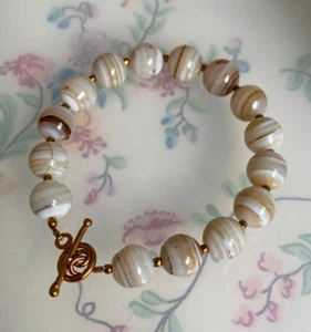 Coffee & Cream Agate 10mm Bead 6.25" Bracelet with Antique Bronze Toggle Clasp - Picture 1 of 4