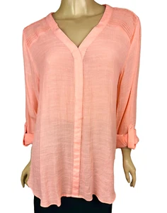 Sharagano Peach Pullover Blouse Top Size L Roll Tab Sleeves Asymmetric Hem - Picture 1 of 5