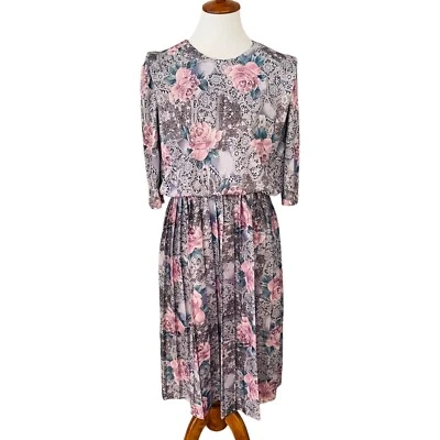 Vestido Midi M. C. S Ltd Nova York Multicolorido Plissado Rosa Floral Blusa Tamanho 10 - Imagem 1 de 4