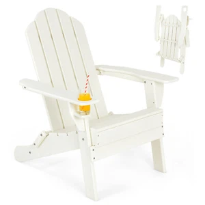 Costway Patio Folding Adirondack Chair Weather Resistant Cup Holder Yard White - Picture 1 of 9