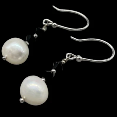 Orecchini di perle bianche cristalli neri Pendenti ad amo Argento 925 femminili. - Immagine 1 di 4