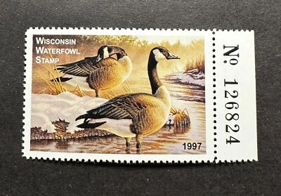 WTDstamps - 1997 WISCONSIN - Lot3 - State Duck Stamp - Mint OG NH **Right Tab** - Image 1 of 2