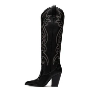Women Western Knee High Boots Embroidered Chunky Block Heel Cowboy Boots - Picture 1 of 7