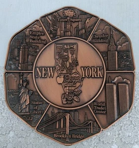 Vtg Metal New York Souvenir Plate Times Square World Trade Center Torkia Intl - Picture 1 of 12
