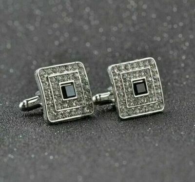 14k White Gold FN 2.10 CT Black White CZ Square Shape Suit Cufflinks 925 Silver - Image 1 of 4
