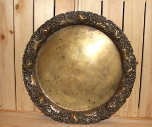 Antique ornate floral brass tray platter