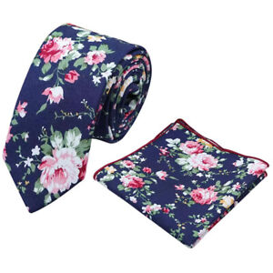 Blue Floral Cotton Wedding Skinny Tie & Pocket Square Set. Great Quality. UK.