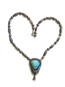STERLING SILVER & TURQUOISE NATIVE AMERICAN SOUTHWESTERN SQUASH BLOSSOM NECKLACE - Picture 1 of 24