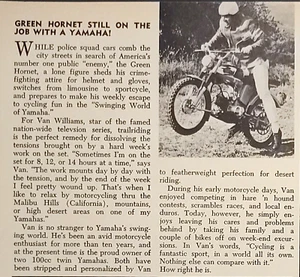 1967 Green Hornet Van Williams Yamaha 100 Motorcycle Article - Picture 1 of 1