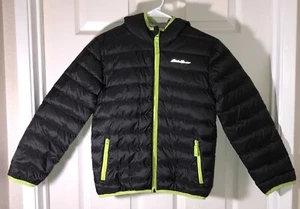 Eddie Bauer Puffer Down Jacket Kids Reversible Hooded Black Gray Size S 7/8 - Picture 1 of 13
