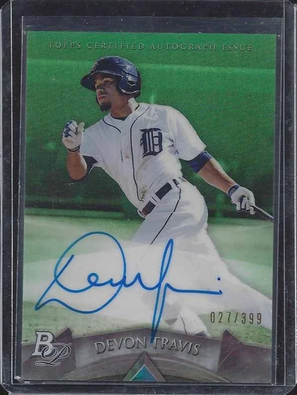 DEVON TRAVIS 2014 BOWMAN PLATINUM PROSPECTS GREEN REFRACTOR ON CARD AUTO #D /399 - Image 1 of 1