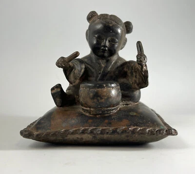 Rare Antique Chinese Bronze Buddha Statue Girl Child w/ Drum Figurine Metal - Image 1 of 4