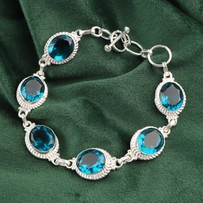 Oval Natural Apatite 925 Sterling Silver New Chain Art Deco Engagement Bracelet - Image 1 of 4