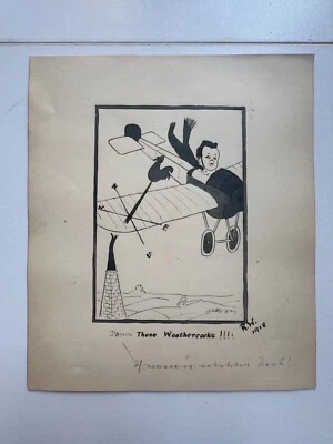 Antique Vintage Folk Art Ink Black Drawing Pilot Airplane Early Aviation Humor - Image 1 of 4