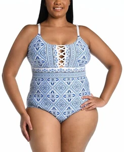 La Blanca L70738 Mediterranean Breeze Tummy-Control Lace-up One-Piece Size 16W - Picture 1 of 4
