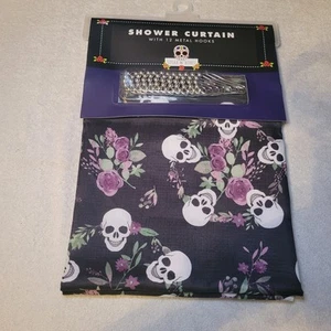 Purple Flower Skull Shower Curtain w/ 12 Hooks Sugar & Bones Goth Halloween NWT - Picture 1 of 6