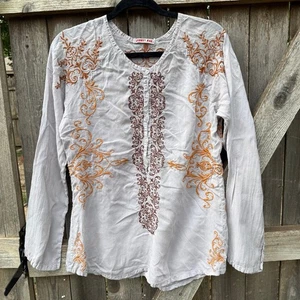 JOHNNY WAS gray rayon gold brown embroidered tunic TOP size s button front - Picture 1 of 4