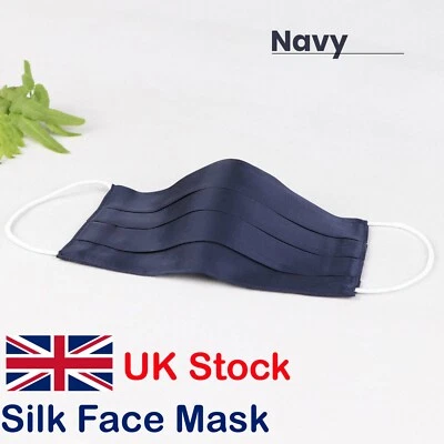 Silk Face Mask Nose Mouth Cover Reusable Washable Luxury Elegant Satin Navy Blue - Image 1 of 4