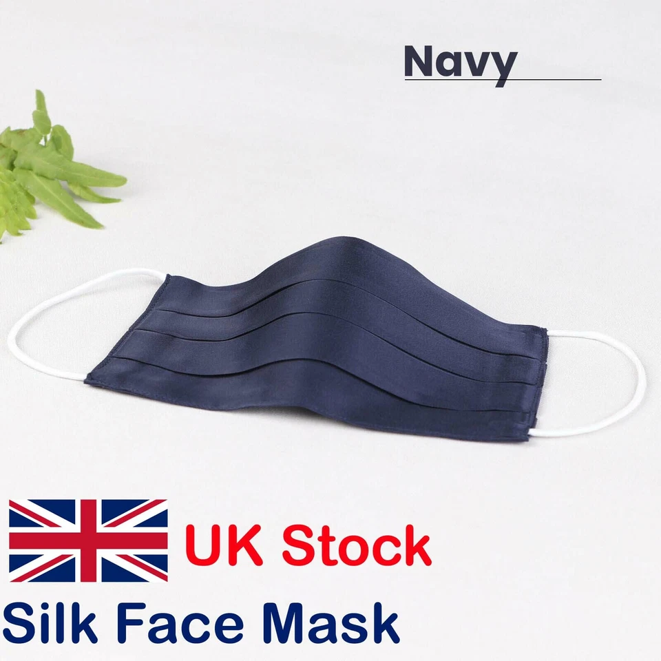 Silk Face Mask Nose Mouth Cover Reusable Washable Luxury Elegant Satin Navy Blue - Image 1 of 4