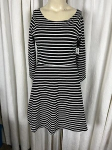 Vestido de mujer Old azul marino cuello redondo manga larga negro/blanco a rayas línea A talla grande - Imagen 1 de 11