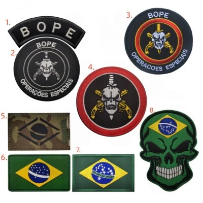 Embroidered Brazil Flag Skull BOPE Hook Loop Patch Backing Emblem Fastener Badge - Image 1 of 3