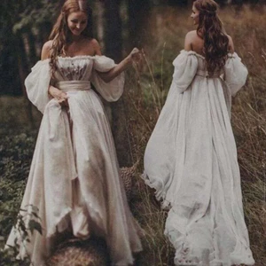 Elegant Off-Shoulder Boho Wedding Dress with Appliques and Puff Sleeves Bridal - Picture 1 of 9