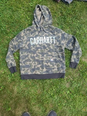 Carhartt Duck 迷彩连帽衫青少年大号 12-14 LS 连帽运动衫复古狩猎 — 第 1/4 张图片