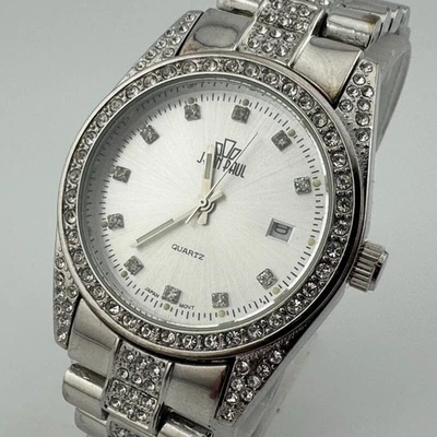 Мужские кварцевые часы Jean Paul 30 м серебряные стразы Япония аналоговый новый аккумулятор 6,5 дюйма - Изображение 1 из 4