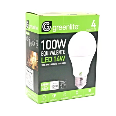 Greenlite A19 LED Bulbs 4-Pack 100W Eq 14W 3000K Shatterproof E26 Medium Base - Image 1 of 4