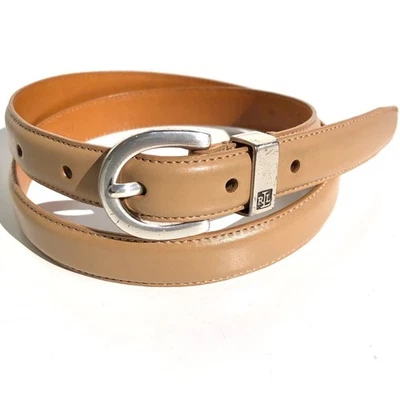 Lauren Ralph Lauren Cinturón Ajustado Mujer S Tostado Cuero Italiano Hebilla Tono Plata Foto 1 de 4