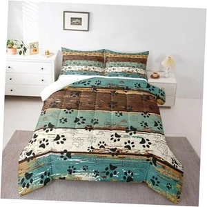 Dog Paw Print Comforter Set Size, Animal Theme Bedding Set for King Blue Brown - Picture 1 of 6