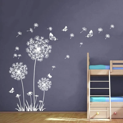 White Dandelion Art Stickers - Large Flower Butterfly Wall Decals for Bedroom an - Image 1 of 4