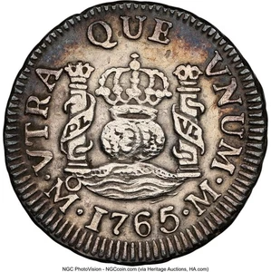 Mexico 1/2 Real Pillar Mo 1765 M, NGC XF Details, Cleaned. Charles III. KM# 68 - Picture 1 of 4