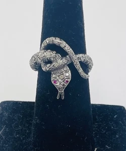 Vintage Sterlingsilber Diamant & Rubin Augen Schlangenring Größe 7 - Bild 1 von 8