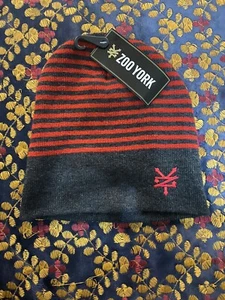 Zoo York Men's Knit Beanie Hat Red Grey Stripe New! - Picture 1 of 3