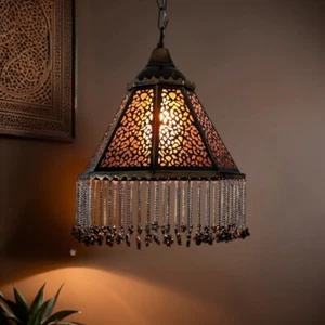 BZ3 Moroccan Octagonal Brass Chandelier Amber Glass Pyramidal with Chain Curtain - Picture 1 of 5