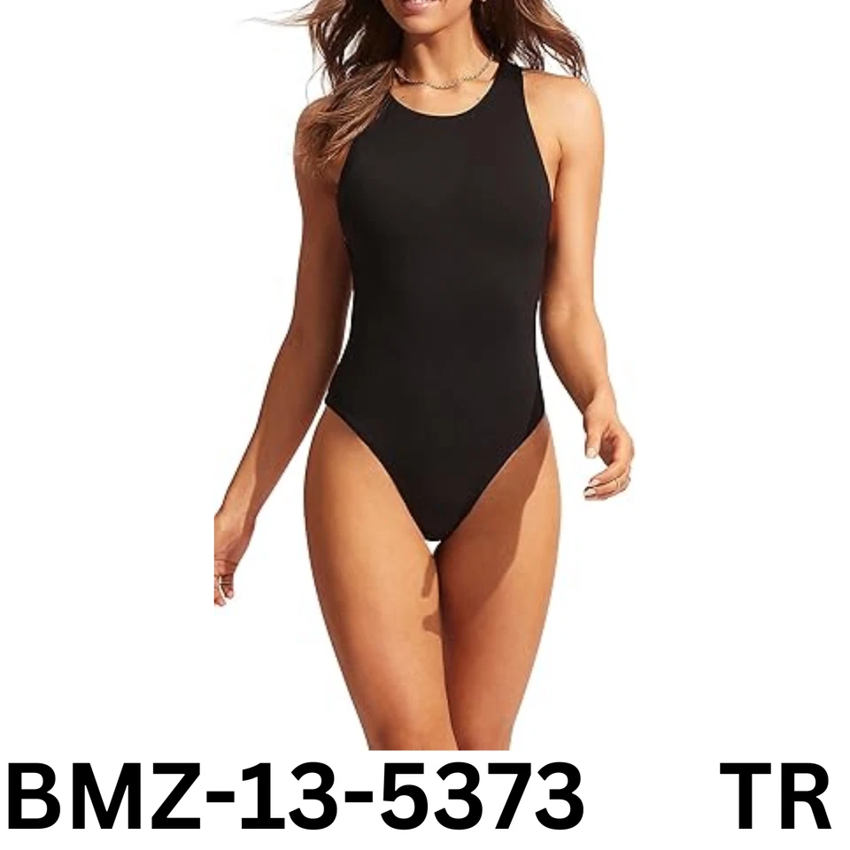 Traje de baño Seafolly de una pieza con cuello alto para mujer con espalda de acción, negro, talla 4 Foto 1 de 4