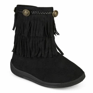 Journee Kids 'Anza' Round Toe Fringed Boots Size 2 Black - Picture 1 of 11