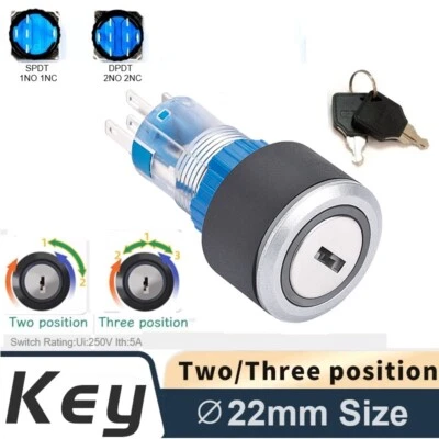 22mm SPDT/DPDT 5A 250V 2/3Position Silver Round LED Plastic Selector Key Switch - Image 1 of 4