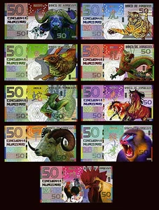 SET Kamberra POLYMER China Lunar 9 notes-Tiger Dragon Snake Horse Monkey +4 more - Picture 1 of 11