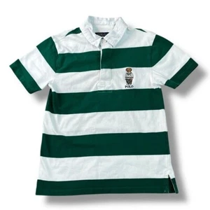 Ralph Lauren Rugby Polo Embroidered Bear Green Stripe Short Sleeve Boys Small/8 - Picture 1 of 7