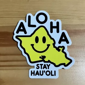 Adesivo vinile Oahu Hawaii Aloha Hauoli Hawaiian Island fustellato sorriso giallo - Foto 1 di 2