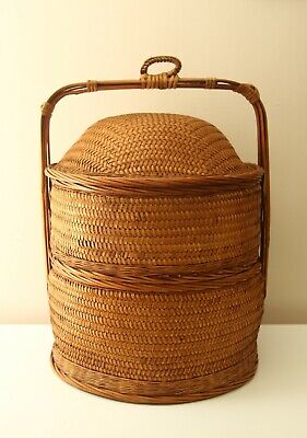 Chinese WEDDING BASKET Woven Wicker 3 Pieces Bamboo Rattan 3 Section Vintage • 160.91$