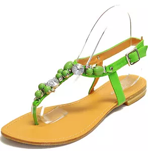 New women's shoes open toe t strap rhinestones sandals summer casual green - Picture 1 of 12