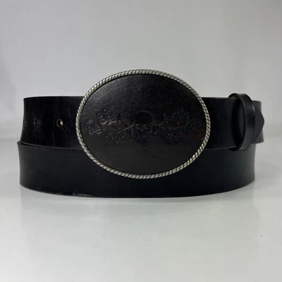 Cinturón de cuero marrón oscuro - Hebilla de calavera y huesos cruzados - Talla 50 Foto 1 de 4