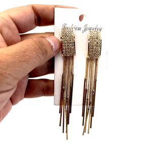 Earrings Long Tassel Crystal Gold Tone Rhinestone Crystal Clear Dangle B#8 - Picture 1 of 14