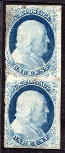 US 1852 ONE CENT BEN FRANKLIN UNUSED VERTICAL PAIR SCOTT #9 WITH GLAZED GUM - Picture 1 of 2